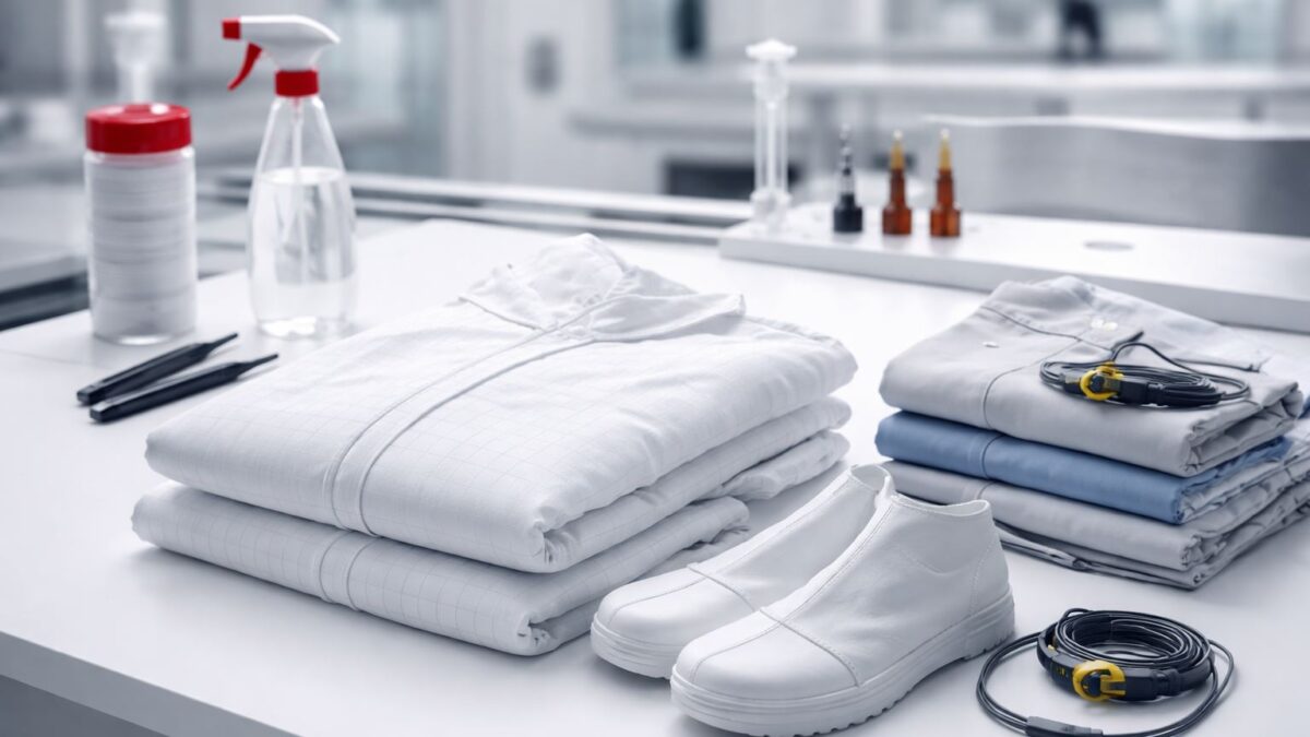 Seragam cleanroom ESD standar ditata rapi: coverall anti-statis, sepatu cleanroom, dan aksesori ESD dalam suasana laboratorium minimalis.