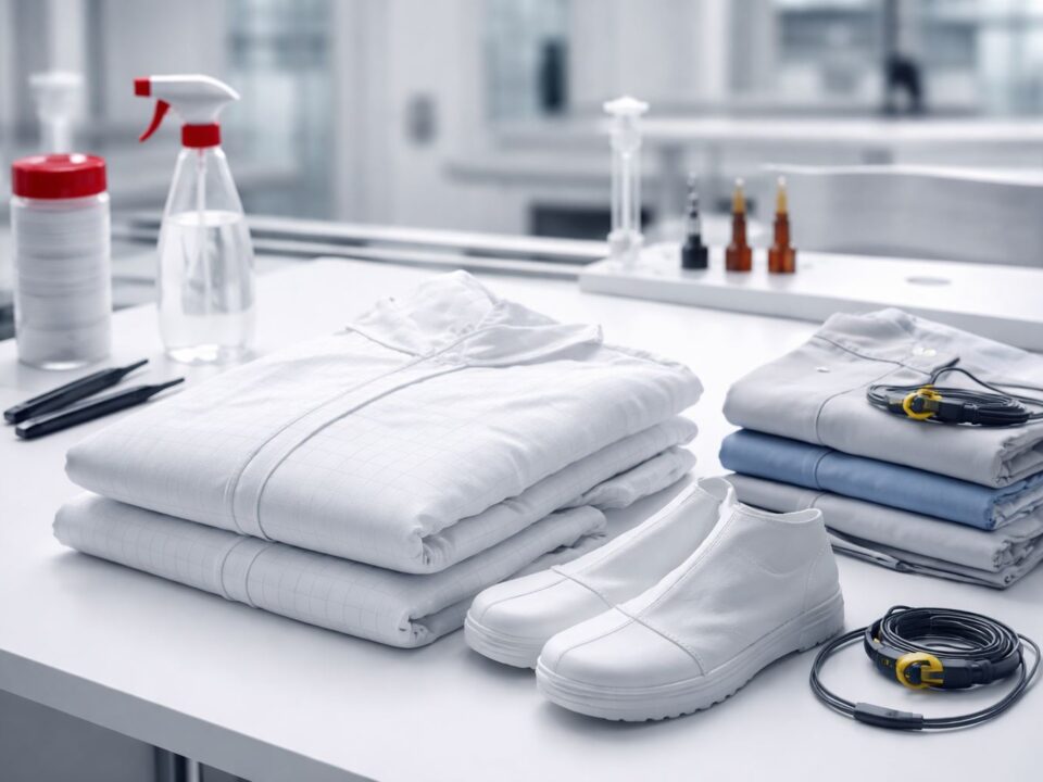 Seragam cleanroom ESD standar ditata rapi: coverall anti-statis, sepatu cleanroom, dan aksesori ESD dalam suasana laboratorium minimalis.