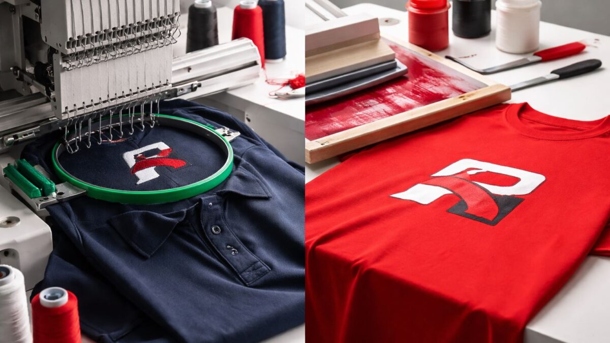 Bordir vs sablon seragam: perbandingan hasil branding pada polo bordir dan kaos sablon dengan nuansa merah-hitam, tampilan rapi dan awet.