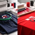 Bordir vs sablon seragam: perbandingan hasil branding pada polo bordir dan kaos sablon dengan nuansa merah-hitam, tampilan rapi dan awet.