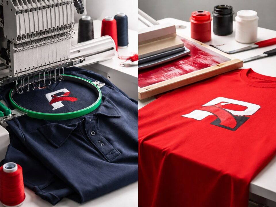 Bordir vs sablon seragam: perbandingan hasil branding pada polo bordir dan kaos sablon dengan nuansa merah-hitam, tampilan rapi dan awet.