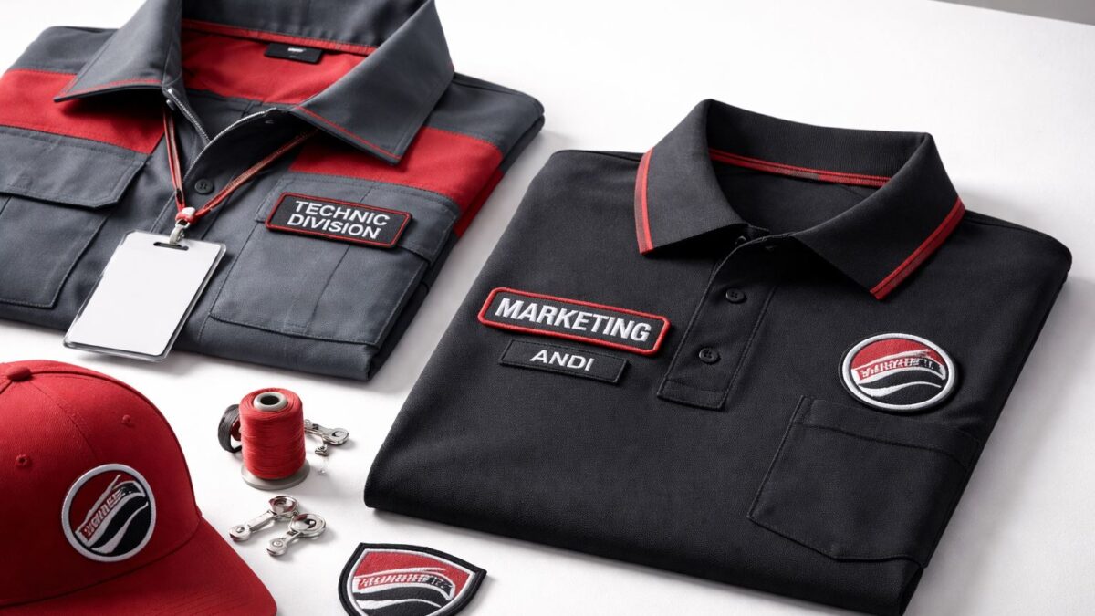 Personalisasi seragam nama divisi dengan patch bordir merah–hitam pada polo dan jaket kerja, menegaskan identitas tim dan brand perusahaan.