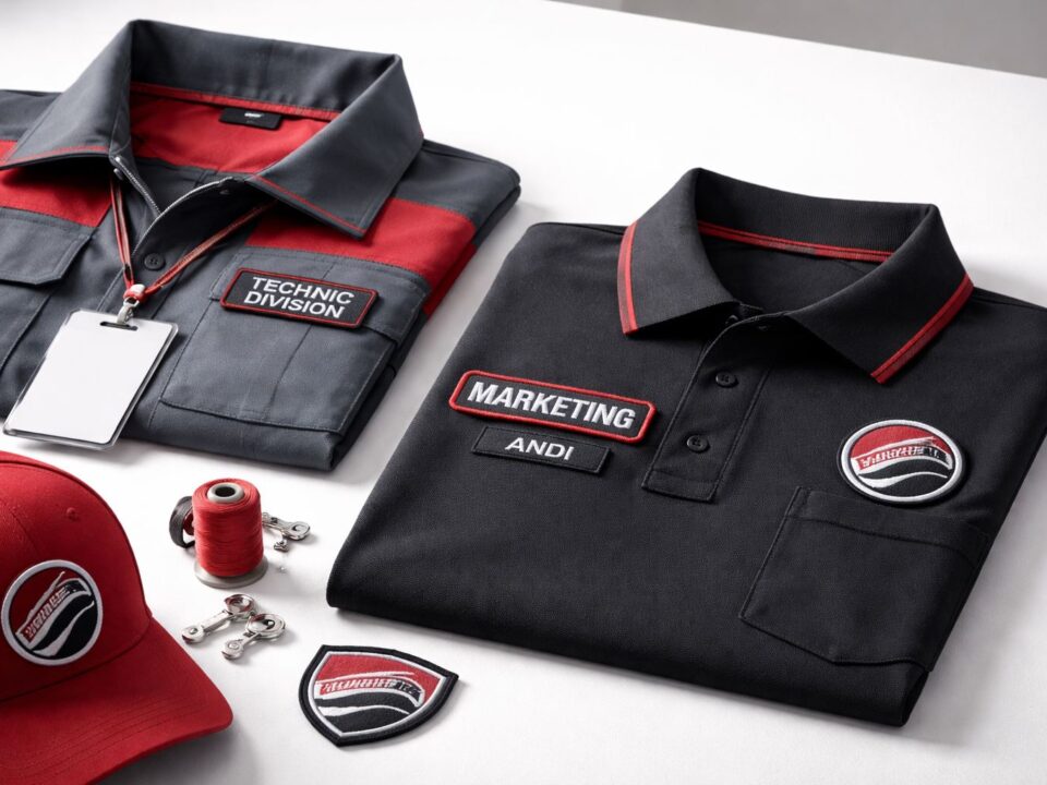 Personalisasi seragam nama divisi dengan patch bordir merah–hitam pada polo dan jaket kerja, menegaskan identitas tim dan brand perusahaan.
