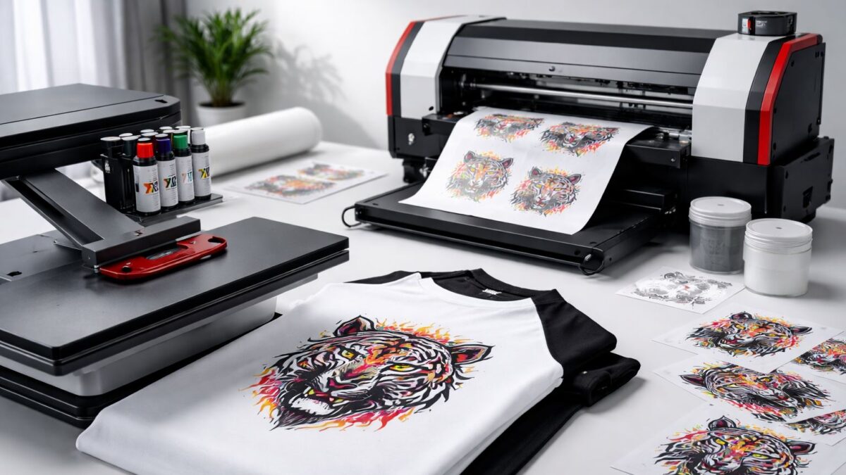 DTF untuk apparel custom: proses heat press transfer film pada kaos polos di meja kerja konveksi minimalis, aksen merah-hitam, tanpa manusia.