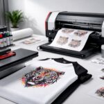 DTF untuk apparel custom: proses heat press transfer film pada kaos polos di meja kerja konveksi minimalis, aksen merah-hitam, tanpa manusia.