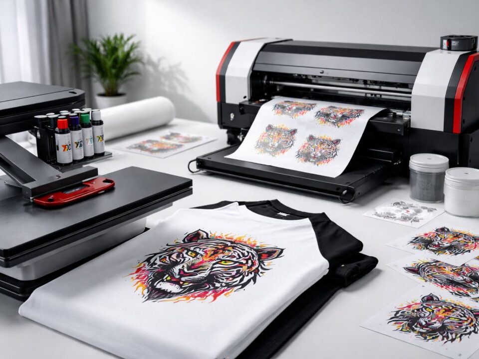 DTF untuk apparel custom: proses heat press transfer film pada kaos polos di meja kerja konveksi minimalis, aksen merah-hitam, tanpa manusia.