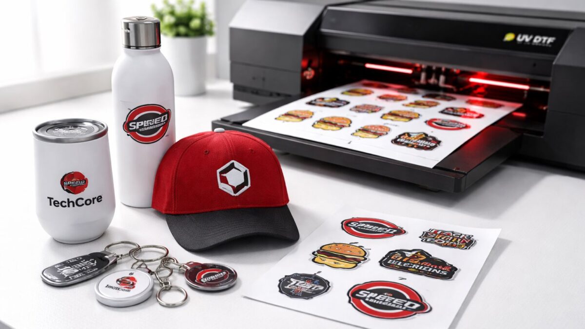 UV DTF merchandise promosi premium: stiker transfer tahan gores pada botol, tumbler, topi, gantungan kunci, dan lembaran sticker di meja produksi minimalis aksen merah-hitam.