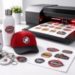 UV DTF merchandise promosi premium: stiker transfer tahan gores pada botol, tumbler, topi, gantungan kunci, dan lembaran sticker di meja produksi minimalis aksen merah-hitam.