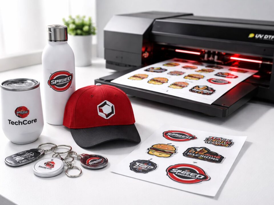 UV DTF merchandise promosi premium: stiker transfer tahan gores pada botol, tumbler, topi, gantungan kunci, dan lembaran sticker di meja produksi minimalis aksen merah-hitam.