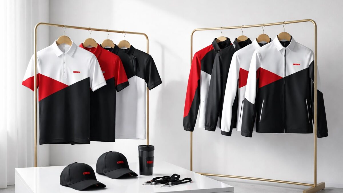 Seragam event instagrammable modern nuansa merah-hitam dengan cutting minimalis, kontras logo rapi, tampilan profesional untuk kebutuhan event dan promosi.