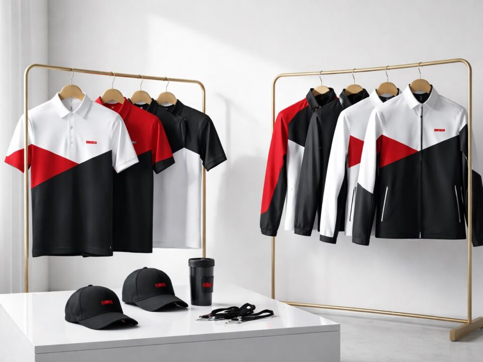 Seragam event instagrammable modern nuansa merah-hitam dengan cutting minimalis, kontras logo rapi, tampilan profesional untuk kebutuhan event dan promosi.