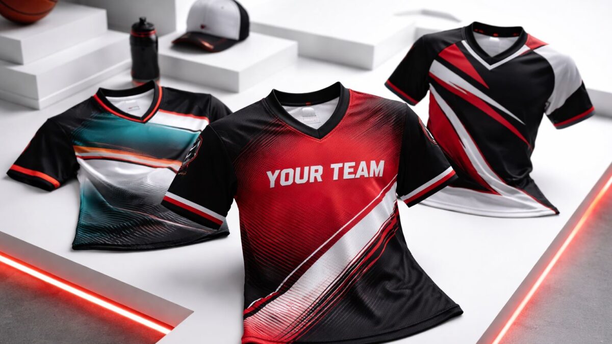Foto profesional jersey komunitas custom 2026 dengan desain gradient, retro, dan asimetris bernuansa merah-hitam (tren jersey custom 2026).