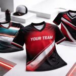 Foto profesional jersey komunitas custom 2026 dengan desain gradient, retro, dan asimetris bernuansa merah-hitam (tren jersey custom 2026).