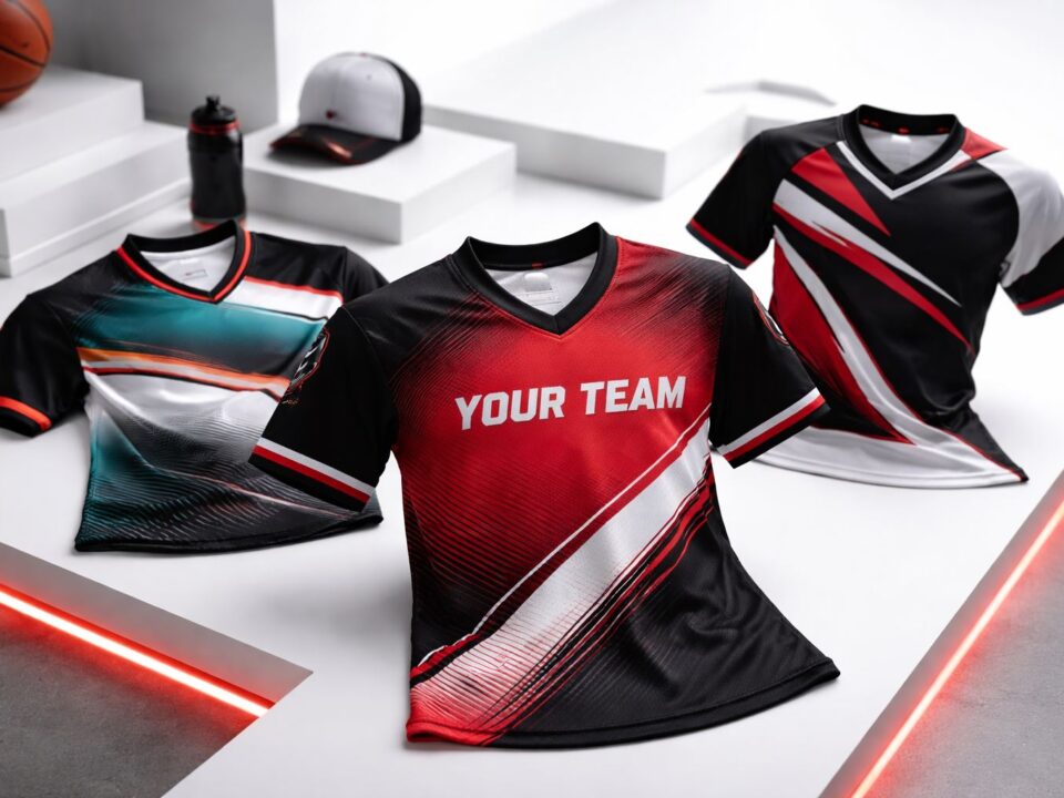 Foto profesional jersey komunitas custom 2026 dengan desain gradient, retro, dan asimetris bernuansa merah-hitam (tren jersey custom 2026).