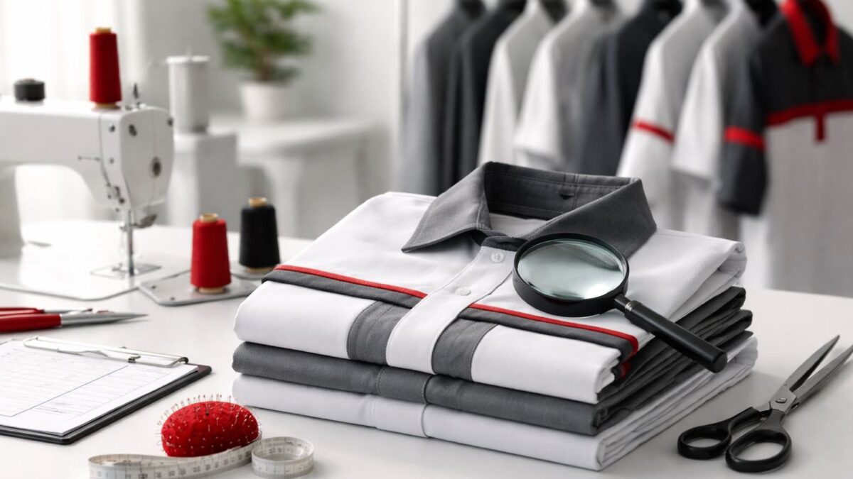 Quality control proses sewing di konveksi: inspeksi jahitan dan finishing seragam perusahaan premium dengan kaca pembesar pada meja kerja minimalis.