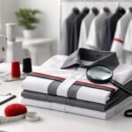 Quality control proses sewing di konveksi: inspeksi jahitan dan finishing seragam perusahaan premium dengan kaca pembesar pada meja kerja minimalis.