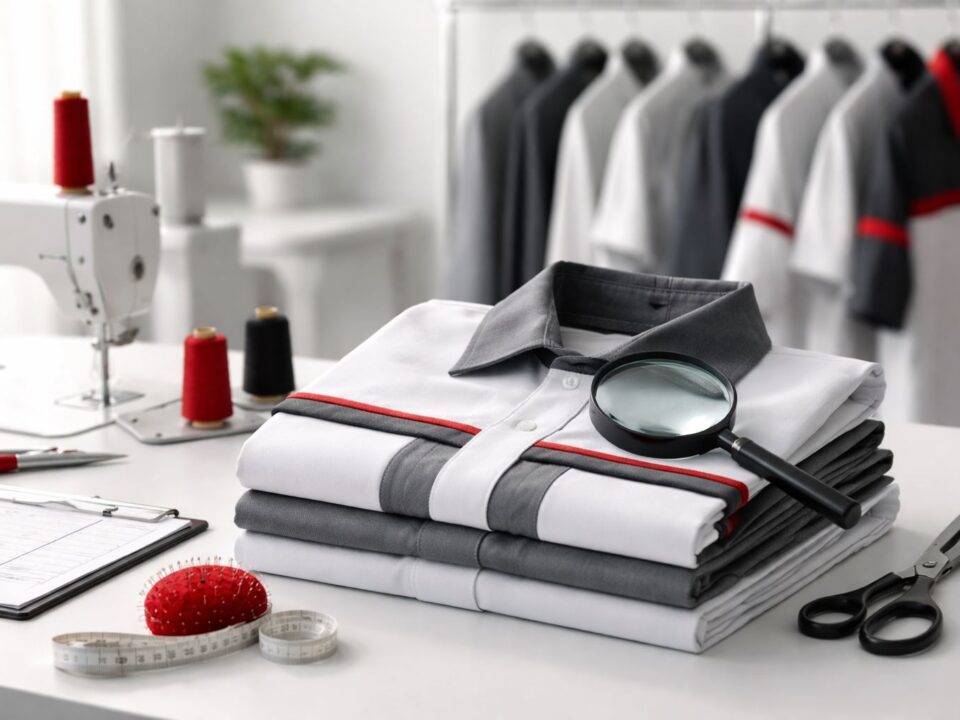 Quality control proses sewing di konveksi: inspeksi jahitan dan finishing seragam perusahaan premium dengan kaca pembesar pada meja kerja minimalis.