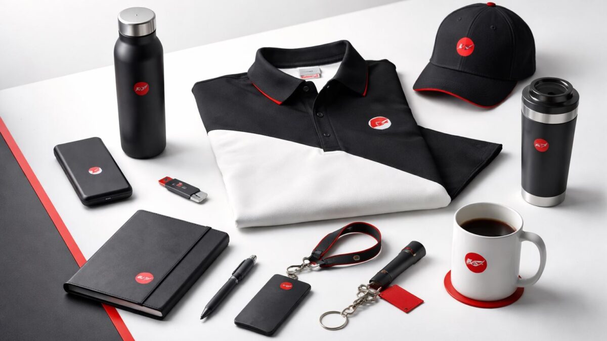 Paket merchandise promosi perusahaan minimalis: polo hitam-putih, topi, tumbler, botol minum, notebook, powerbank, dan aksesori dengan aksen merah-hitam untuk meningkatkan brand awareness.