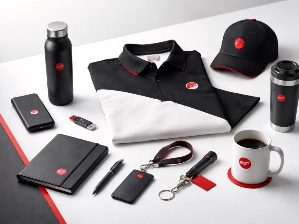 Paket merchandise promosi perusahaan minimalis: polo hitam-putih, topi, tumbler, botol minum, notebook, powerbank, dan aksesori dengan aksen merah-hitam untuk meningkatkan brand awareness.