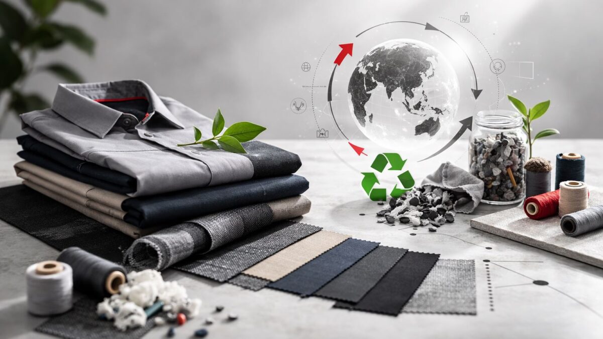 Tren circular recycled fabric untuk seragam perusahaan—tumpukan kain daur ulang warna netral dengan aksen merah hitam dalam studio minimalis.
