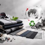 Tren circular recycled fabric untuk seragam perusahaan—tumpukan kain daur ulang warna netral dengan aksen merah hitam dalam studio minimalis.