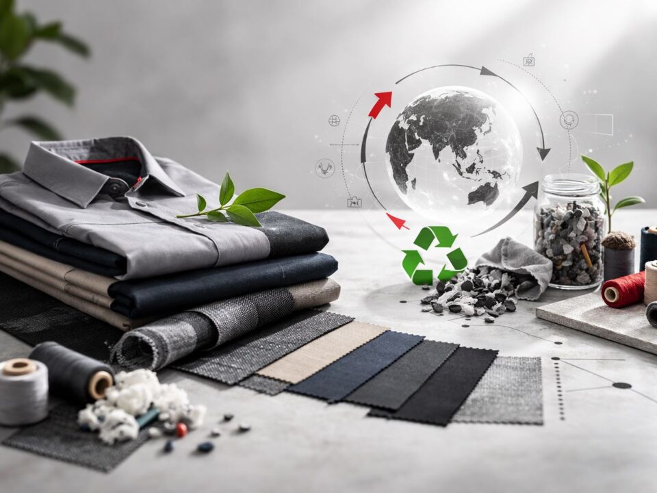 Tren circular recycled fabric untuk seragam perusahaan—tumpukan kain daur ulang warna netral dengan aksen merah hitam dalam studio minimalis.
