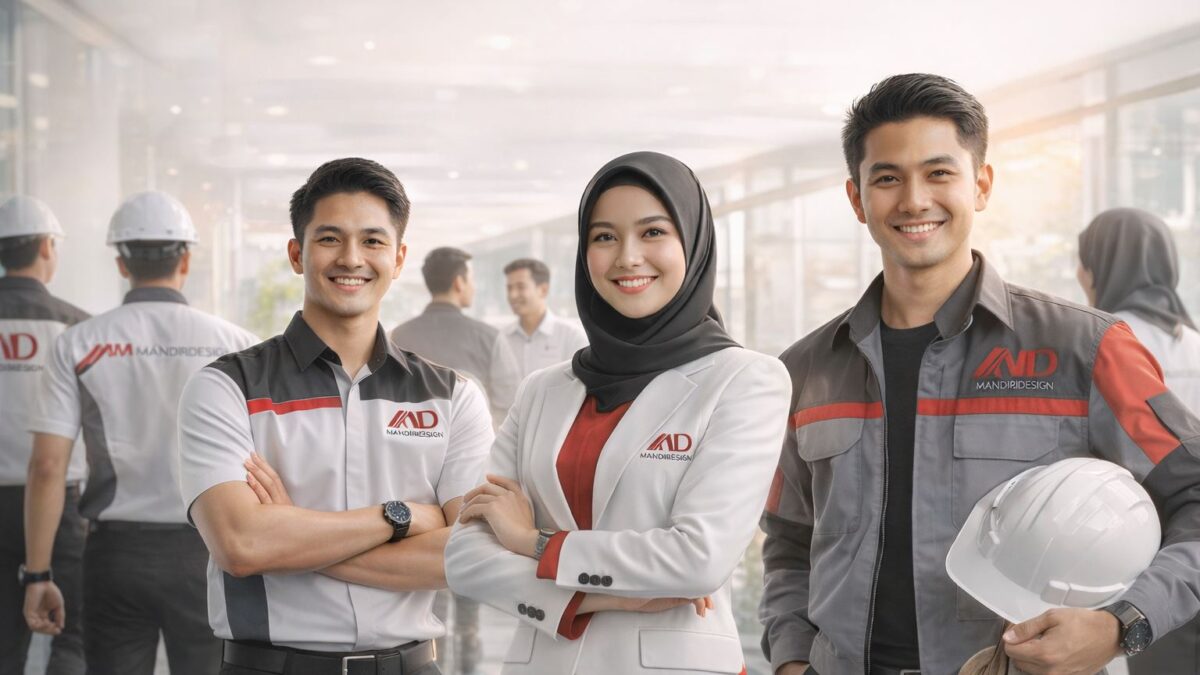 Desain seragam kerja modern profesional warna merah putih hitam untuk tim perusahaan Indonesia