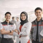 Desain seragam kerja modern profesional warna merah putih hitam untuk tim perusahaan Indonesia