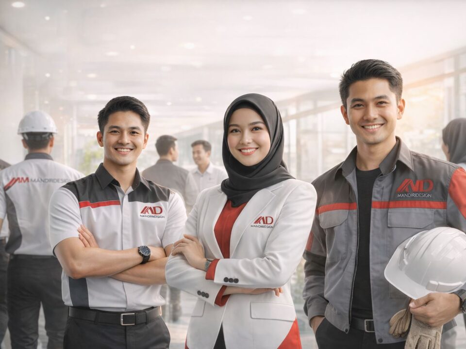 Desain seragam kerja modern profesional warna merah putih hitam untuk tim perusahaan Indonesia