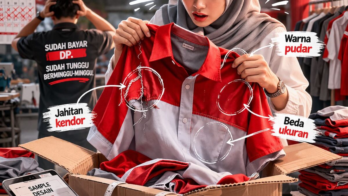 Ilustrasi kekecewaan pelanggan menerima seragam kerja cacat dengan jahitan kendor, warna pudar, dan ukuran tidak konsisten