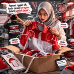 Ilustrasi kekecewaan pelanggan menerima seragam kerja cacat dengan jahitan kendor, warna pudar, dan ukuran tidak konsisten