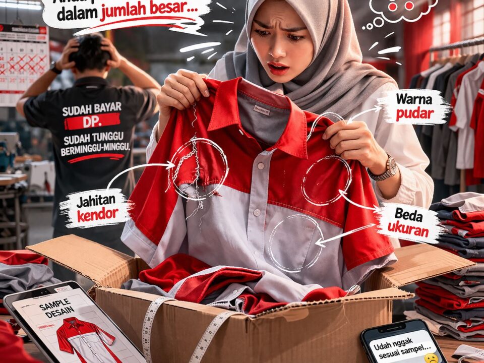 Ilustrasi kekecewaan pelanggan menerima seragam kerja cacat dengan jahitan kendor, warna pudar, dan ukuran tidak konsisten