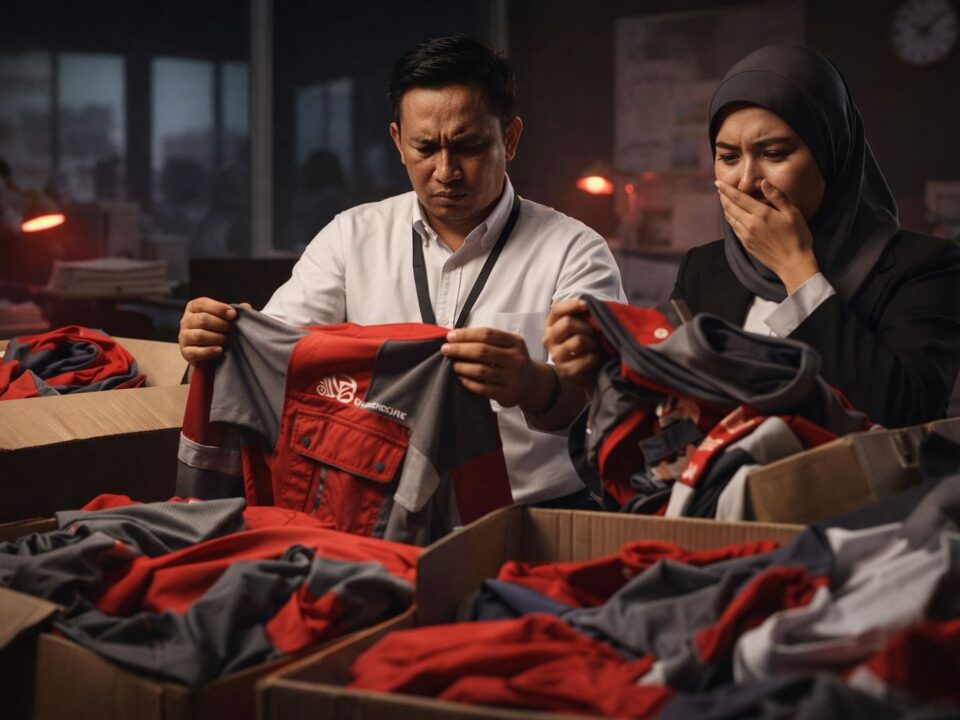 Seragam kerja bermasalah diterima HRD dengan kualitas tidak sesuai seperti jahitan buruk dan logo miring
