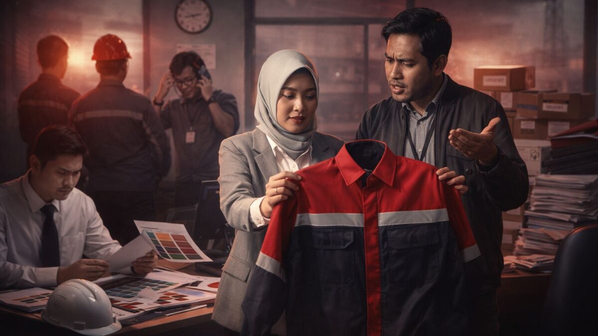 HRD dan tim purchasing perusahaan industri mengevaluasi sampel seragam kerja untuk kebutuhan produksi