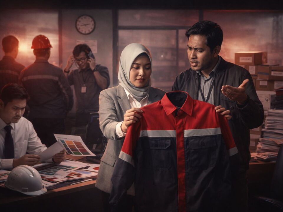 HRD dan tim purchasing perusahaan industri mengevaluasi sampel seragam kerja untuk kebutuhan produksi