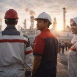 Pekerja pabrik memakai seragam kerja profesional di kawasan industri Karawang dengan latar pabrik modern dan suasana pagi