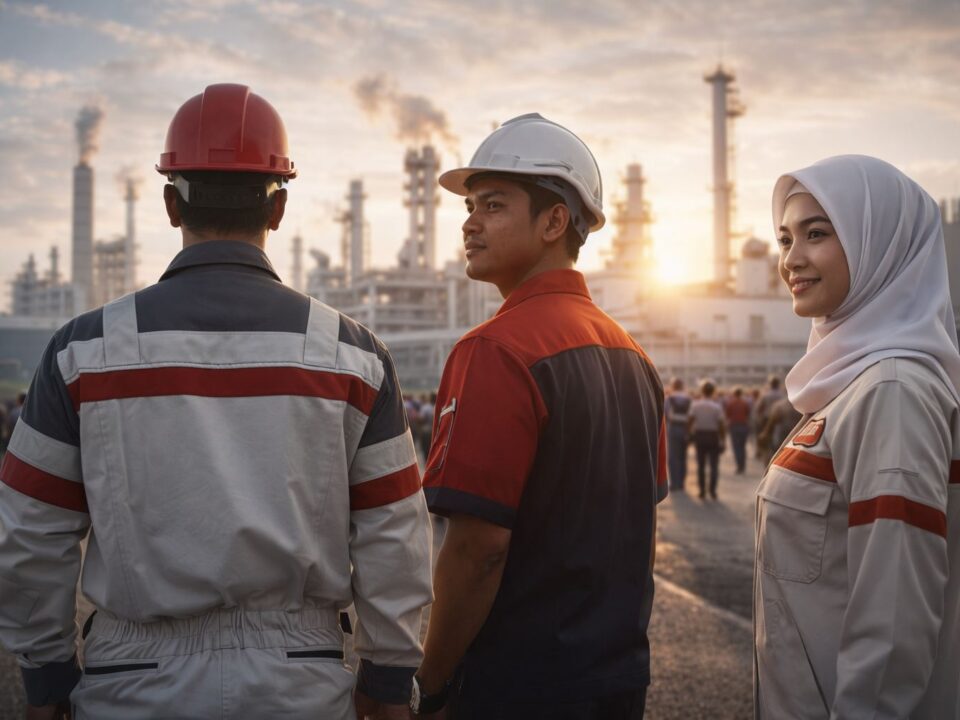 Pekerja pabrik memakai seragam kerja profesional di kawasan industri Karawang dengan latar pabrik modern dan suasana pagi