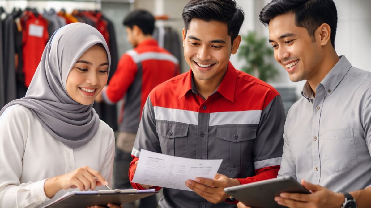 Ilustrasi perencanaan budget seragam karyawan perusahaan dengan tim HR dan vendor konveksi berdiskusi