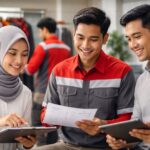 Ilustrasi perencanaan budget seragam karyawan perusahaan dengan tim HR dan vendor konveksi berdiskusi