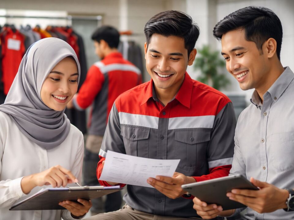 Ilustrasi perencanaan budget seragam karyawan perusahaan dengan tim HR dan vendor konveksi berdiskusi