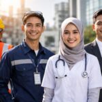 Ilustrasi warna seragam kerja industri pada berbagai profesi seperti konstruksi, medis, manufaktur, dan perkantoran dengan tampilan profesional dan jelas