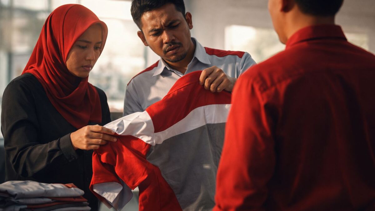Proses pengecekan kualitas seragam kerja cacat produksi oleh tim sebelum klaim garansi ke vendor konveksi