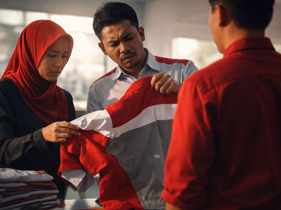 Proses pengecekan kualitas seragam kerja cacat produksi oleh tim sebelum klaim garansi ke vendor konveksi