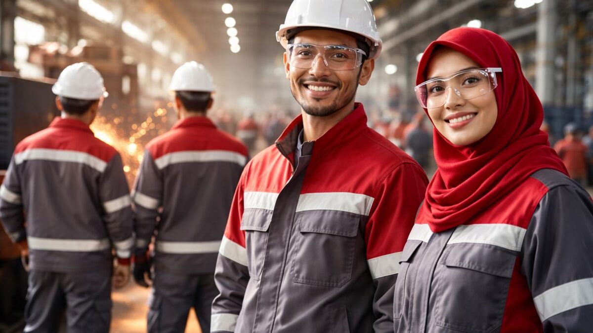 Seragam kerja pabrik K3 dengan perlindungan keselamatan lengkap pada pekerja industri manufaktur Indonesia