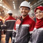Seragam kerja pabrik K3 dengan perlindungan keselamatan lengkap pada pekerja industri manufaktur Indonesia