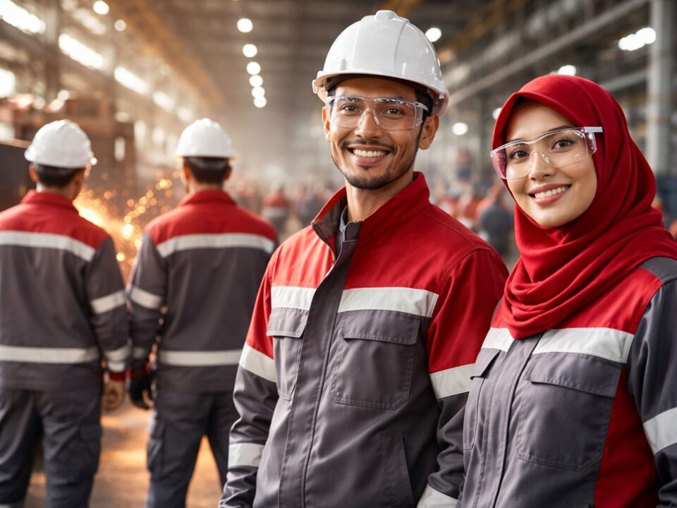 Seragam kerja pabrik K3 dengan perlindungan keselamatan lengkap pada pekerja industri manufaktur Indonesia