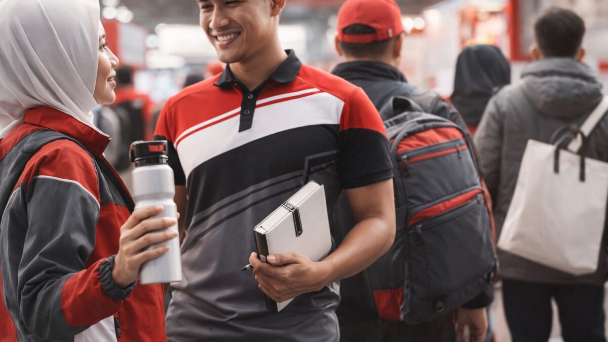 Merchandise perusahaan untuk event digunakan pengunjung pameran, menampilkan botol minum, tote bag, dan seragam custom yang menarik