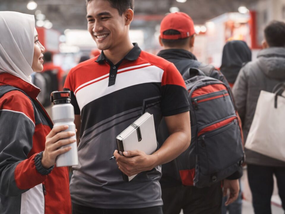 Merchandise perusahaan untuk event digunakan pengunjung pameran, menampilkan botol minum, tote bag, dan seragam custom yang menarik
