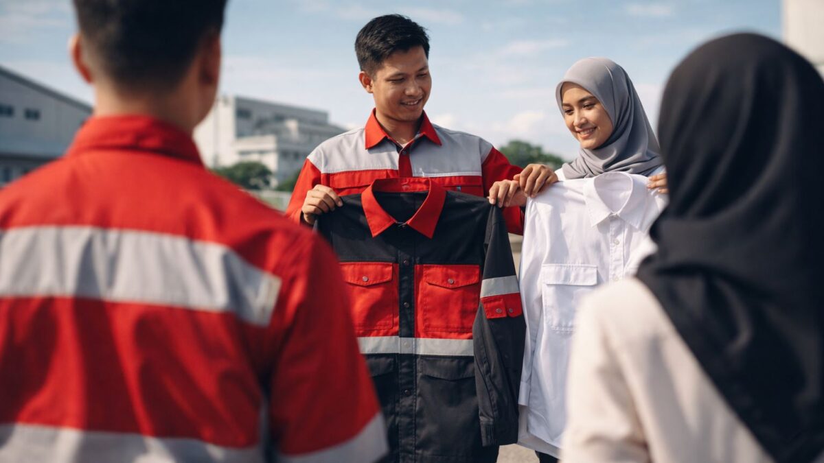 Konveksi lokal Karawang menampilkan proses pemilihan seragam kerja oleh tim perusahaan secara langsung