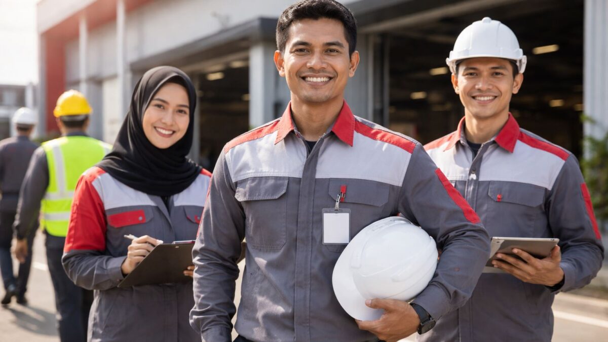 Vendor seragam kerja KIIC Karawang dengan pekerja industri memakai seragam pabrik berkualitas tinggi